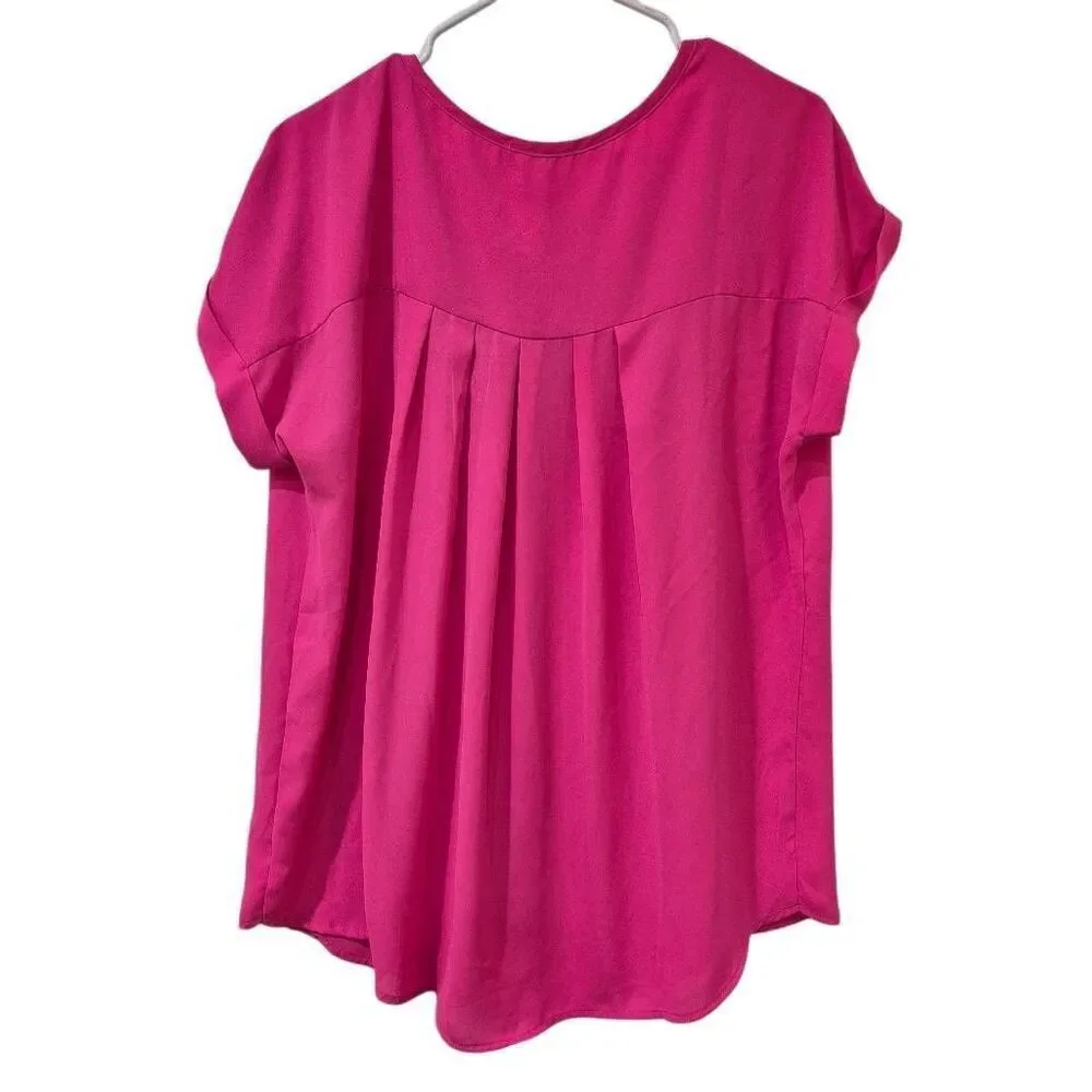 Pleione Women's Neon Pink Polyester Georgette Cuffed Short Sleeve Top EUC - Picture 3 of 10